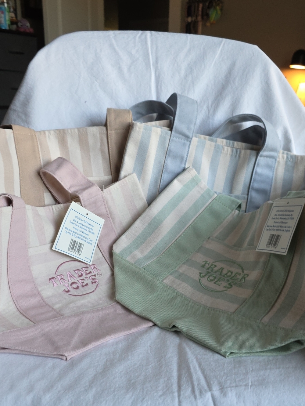 Trader Joes Pastel Stripe Canvas Tote Bag - Pink, Green, Blue, Beige.